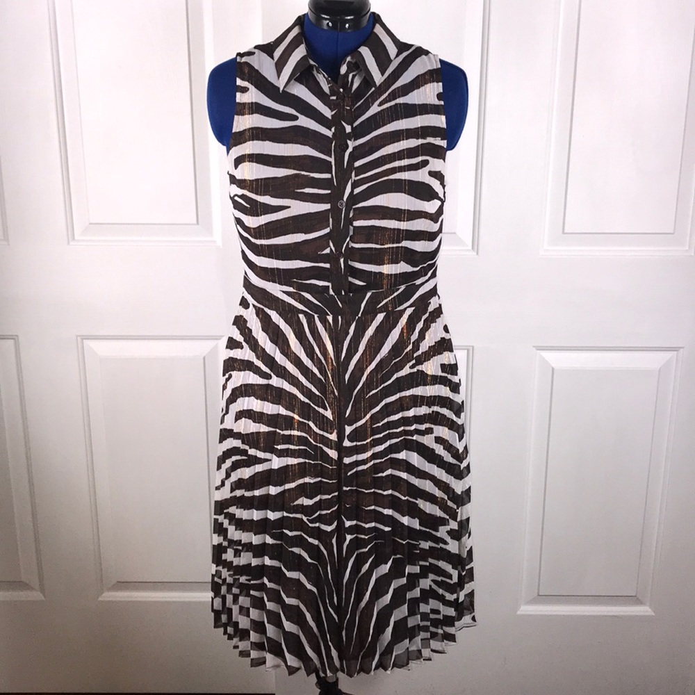 MICHAEL Michael Kors Brown and White Zebra Pleated Shirt Dress